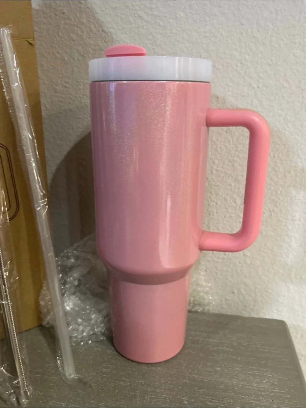 Pink Insulated Travel Mug with Handle and Straw